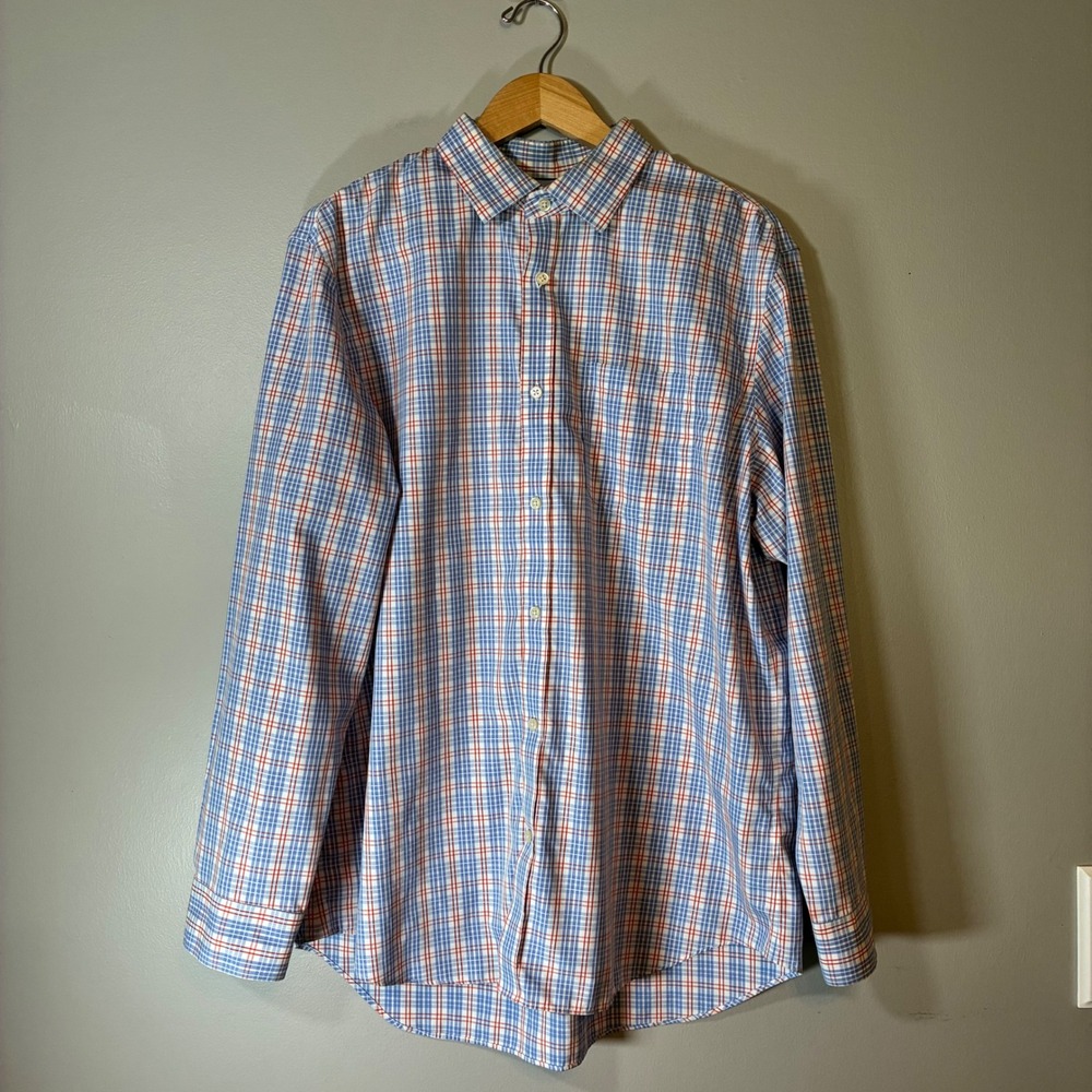 Banana Republic Mens XL Non-Iron Classic Fit Plaid Button Down Shirt Blue Orange